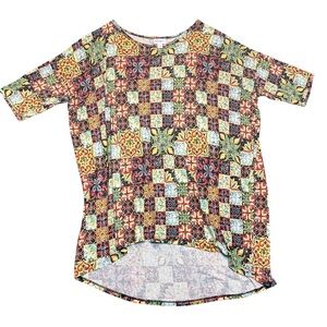 LuLaRoe Blouse Tee Women’s L Multicolor Mosaic Print High-Low Yellow Green Black